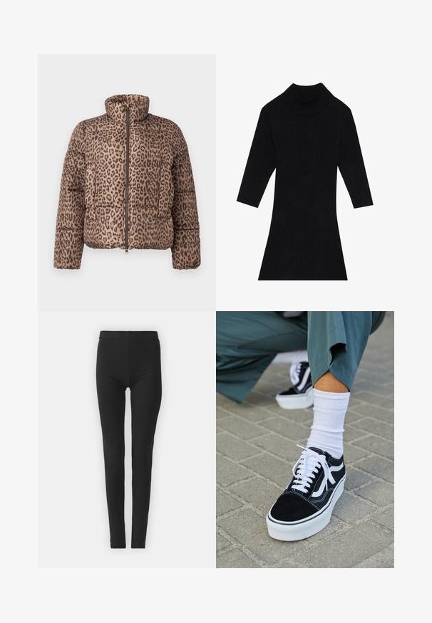 Vero Moda VMPARDA - Zimná bunda - silver mink; Čierne pletené šaty s vysokým golierom a rukávmi po tri štvrtiny, s priliehavým strihom, ktorý sa na spodnej časti rozširuje.; Čierne, elastické legíny s tesným strihom, so zvýšeným pásom a hladkým povrchom. Žiadne viditeľné vzory ani hardvérové detaily.; Čierne semišové tenisky s bielymi akcentmi a šnúrkami, s hrubou bielou podrážkou a kontrastným prešívaním, doplnené o bielu ponožku.