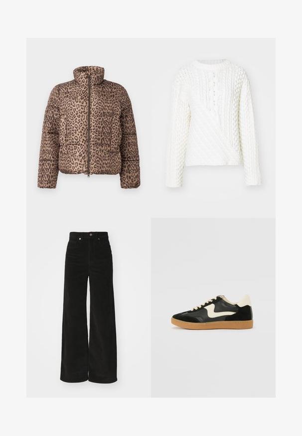 Vero Moda VMPARDA - Chaqueta de invierno - silver mink; Suéter blanco de punto con un patrón de cable texturizado, cuello redondo y mangas largas. El diseño incluye una sección frontal diagonal.; Pantalones de pana negros de pierna ancha con una cintura alta, que cuentan con dos bolsillos frontales y un cierre de botón metálico. Tejido texturizado con estrías verticales.; Zapatillas de deporte de ante y cuero negro con un swoosh lateral en crema y un talón en crema claro. Presenta cordones beige y una suela de goma marrón.
