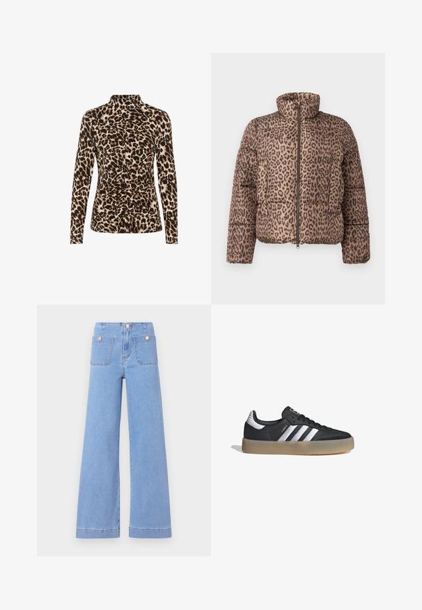 Vero Moda VMPARDA - Chaqueta de invierno - silver mink; Top de manga larga con cuello alto, estampado de leopardo en tonos marrón y beige, con detalles de fruncido en la parte frontal para dar forma.; Jeans de pierna ancha de color azul claro con cintura alta, dos bolsillos traseros y botones en tono dorado. Están confeccionados con denim de textura suave y acabado limpio.; Zapatilla deportiva de cuero negro con tres rayas plateadas, punta texturizada y suela de goma. Cuenta con un collar acolchado y un diseño con cordones.