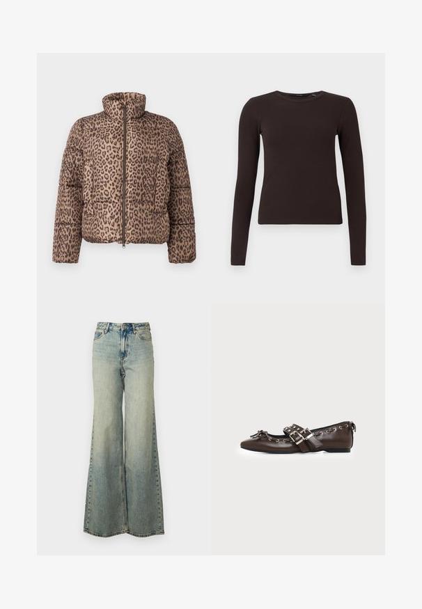 Vero Moda VMPARDA - Winterjas - silver mink; Donkerbruin geribbeld langharig crew neck shirt met een getailleerd silhouet, weergegeven op een effen witte achtergrond.; lichtblauwe wijde jeans van denim, met een hoge taille, vervaagde wassing en zijzakken met zichtbare stiksels.; Donkerbruine leren platte schoen met puntige neus, dubbele zilveren gespsluitingen, metalen klinknagels en een decoratief strikje aan de voorkant.