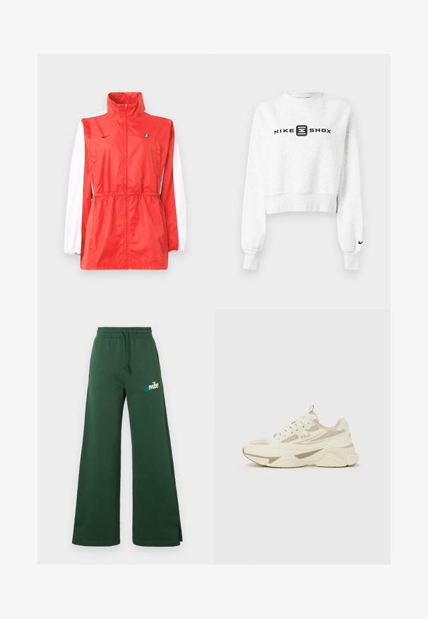 Chaqueta cortavientos roja con cuello alto, detalles blancos en las mangas, cintura con cordón regulable y un pequeño logo negro. Fabricada con tela ligera.; Sudadera blanca corta con mangas largas, que presenta un logo negro de 'NIKE SHOX' en el frente y un pequeño swoosh negro de Nike en el puño.; Pantalones de chándal de pierna ancha en verde oscuro con cintura elástica, cordón, bolsillos laterales y logotipo de Nike bordado en teal en el muslo izquierdo.; Zapatilla FILA en crema y beige con paneles de malla, suela gruesa y diseño de cordones, mostrada de lado sobre un fondo liso.