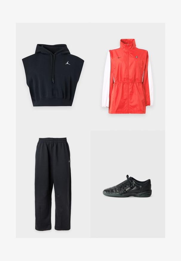 Veste coupe-vent rouge avec un col montant, des accents blancs sur les manches, une taille à cordon de serrage et un petit logo noir. Fabriquée en tissu léger.; Sweat à capuche court noir sans manches avec cordons et petit logo blanc Jumpman sur la poitrine gauche.; Pantalon de survêtement noir à coupe ample avec taille élastique et petit logo blanc sur le côté droit.; Chaussure de sport en cuir noir avec un design matelassé, bout arrondi, lacets à l'avant et semelle en caoutchouc. Présente une marque discrète sur le côté.
