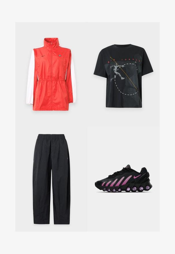 Chaqueta cortavientos roja con cuello alto, detalles blancos en las mangas, cintura con cordón regulable y un pequeño logo negro. Fabricada con tela ligera.; Camiseta negra de Air Jordan con un gráfico de un jugador de baloncesto en el aire y el texto rojo "AIR JORDAN" arriba.; Pantalones negros de corte holgado con cintura elástica, hechos de tela ligera, mostrados planos sobre un fondo blanco.; Zapatillas Nike negras y rosas con parte superior de malla, diseño curvado y amortiguación morada redondeada en la suela y los laterales.