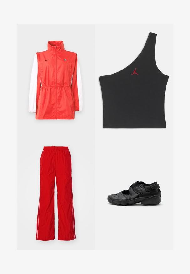 Červená vetrovka s vysokým golierom, bielymi akcentmi na rukávoch, sťahovaním v páse a malým čiernym logom. Vyrobená z ľahkej tkaniny.; Čierny crop top s jedným ramenom a vyšívaným červeným logom Jumpman uprostred hrudníka na jednoduchom pozadí.; Červené nylonové nohavice s širokým strihom, elastickým pásom s šnúrkou a bielymi bočnými pruhmi. Hladká textúra s ľahkým vzhľadom.; Čierna športová sandála s uzavretou špičkou, suchými zipsami na priehlavku a päte a hrubou vystlanou podrážkou označenou "AIR" na boku.