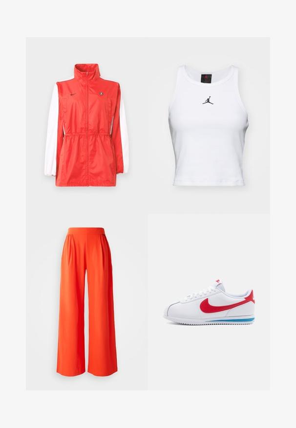 Rød vindtæt jakke med høj krave, hvide ærmeaccents, snøre i taljen og et lille sort logo. Fremstillet af letvægtsstof.; Hvid cropped tanktop lavet af bomuld med ribbet tekstur. Har et sort Jordan-logo i midten og en klassisk rund halsudskæring.; Vidde-bukser lavet af glat, livligt orange stof. Har en høj talje og folder for en afslappet pasform. Ren, uornamenteret design.; Hvide sneakers med en rød swoosh, blå detalje på sålen og hvide snørebånd. Tekstureret overdækning med stitched detaljer. Klassisk design.
