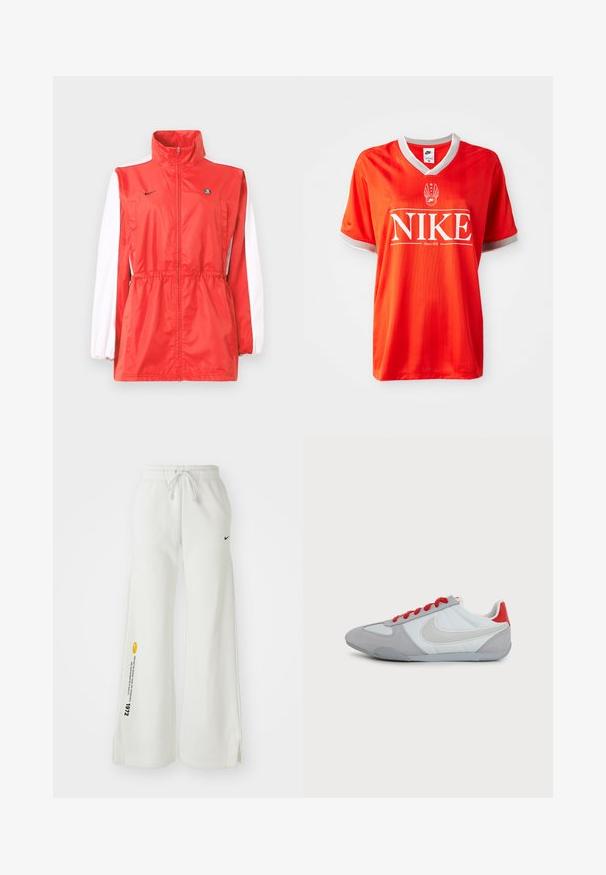 Rød vindtæt jakke med høj krave, hvide ærmeaccents, snøre i taljen og et lille sort logo. Fremstillet af letvægtsstof.; Rød Nike trøje med V-hals, grå pynt på ærmerne og stort hvidt "NIKE" logo. Glat, letvægtsstof med subtilt stribet mønster.; Hvide, brede sweatsbukser med elastisk talje, snøre, sidespalter, sort Nike-logo og kontrasterende gul grafisk tekst.; Lavprofileret grå og hvid Nike-sneaker med stort hvidt swoosh-logo, rød hælflap og røde snørebånd på en ensfarvet baggrund.