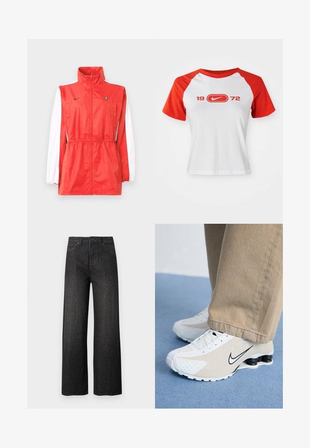 Chaqueta cortavientos roja con cuello alto, detalles blancos en las mangas, cintura con cordón regulable y un pequeño logo negro. Fabricada con tela ligera.; Camiseta de Nike con cuerpo blanco y mangas raglán rojas. Presenta "1972" y un logo en rojo en el pecho. Fabricada con tela de jersey suave.; Vaqueros negros de pierna ancha y cintura alta, con bolsillos frontales, cierre de botones y trabillas para cinturón sobre un fondo claro y sencillo.; Zapatillas Nike blancas y beige con diseño perforado, logo de swoosh negro, parte superior texturizada y distintivo talón negro elástico.