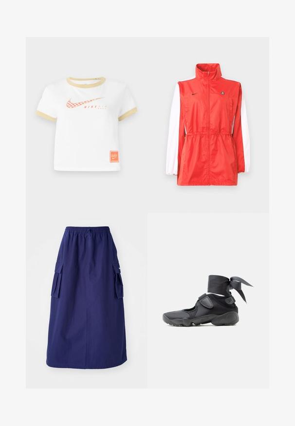 Chaqueta cortavientos roja con cuello alto, detalles blancos en las mangas, cintura con cordón regulable y un pequeño logo negro. Fabricada con tela ligera.; Camiseta blanca con ribetes dorados, que presenta un logotipo de swoosh de Nike en cuadros rojos, el texto "NIKE AIR" y una pequeña etiqueta naranja de Nike en el dobladillo.; Falda azul marino de longitud media con una cinturilla elástica, que presenta dos bolsillos laterales tipo cargo y un detalle de logotipo minimalista. Textura de tela suave.; Zapatilla deportiva negra con aberturas, correas de velcro y envoltura en el tobillo atada en un lazo, vista lateral sobre un fondo blanco.