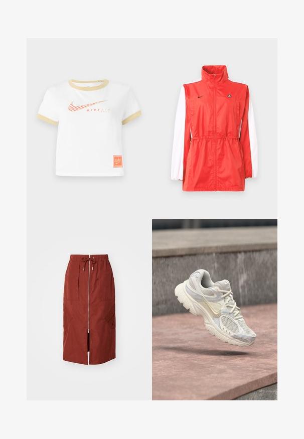 Rote Windbreaker-Jacke mit hohem Kragen, weißen Ärmeldetails, Tunnelzug in der Taille und kleinem schwarzem Logo. Hergestellt aus leichtem Gewebe.; Weißes T-Shirt mit goldenen Akzenten, das ein rotes kariertes Nike-Swoosh-Logo, den Text "NIKE AIR" und ein kleines oranges Nike-Label am Saum zeigt.; Midikleid in terrakottarot, mit einem Frontreißverschluss, elastischem Bund mit Kordelzug und seitlichen Taschen mit geometrischem Design.; Weißer und beiger Nike-Laufschuh mit Mesh-Einsätzen und dicker Sohle, über einer rosa Steinoberfläche schwebend, mit grauem Stein-Hintergrund.