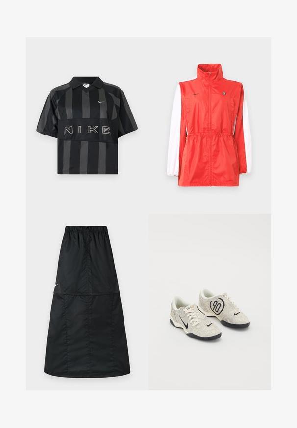Veste coupe-vent rouge avec un col montant, des accents blancs sur les manches, une taille à cordon de serrage et un petit logo noir. Fabriquée en tissu léger.; Polo Nike manches courtes à rayures verticales noires et gris foncé, col, virgule Nike blanche et grand texte NIKE sur la poitrine.; Jupe de sport noire en tissu nylon léger et lisse. Elle possède une taille élastique et une coupe simple, longue, en ligne A.; Baskets Nike avec une tige texturée beige et grise, des accents noirs, un grand logo "90" et un laçage blanc. Semelle noire.