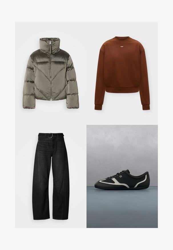 Pufferjack in olijfgroen met een hoge kraag, ritsluiting en diagonale quiltpatroon. Kenmerkt volumineuze mouwen en een cropped ontwerp.; Bruine lange mouwen crewneck sweatshirt met geribbelde manchetten en zoom, met een klein "HUGO" logo patch in het midden van de borst.; Zwarte wijde spijkerbroek van denim met een tailleband en casual zakdetails. Heeft een ruwe rand aan de zoom en minimale stiksels.; Zwarte sneaker met een bovenwerk van gestructureerd leer, contrasterende grijze accenten, een ronde neus en een vlakke zool. Voorzien van veters en een merklogo aan de zijkant.
