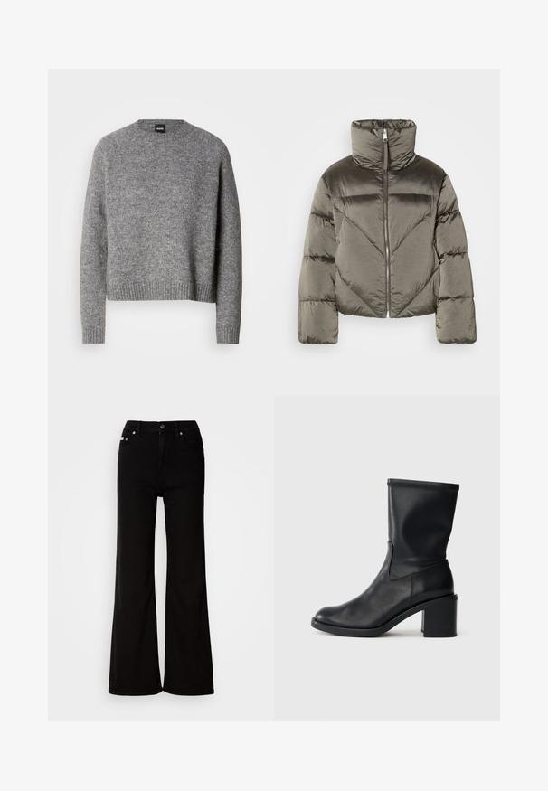 Puffervest i olivengrøn med høj krave, lynlås lukning og diagonal quiltet mønster. Har voluminøse ærmer og en cropped design.; Grå strikket sweater med rund hals, lange ærmer og ribbede manchetter og kant. Blød tekstur; minimalistisk design uden mønstre eller accenter.; Sorte denim flared jeans med høj talje, der har lynlås og knaplukning, sidelommer og subtile hardware-detaljer.; Sort læder ankelstøvle med rund tå, glat tekstur og en grov hæl, der har et tætsiddende skaft og subtil syning.