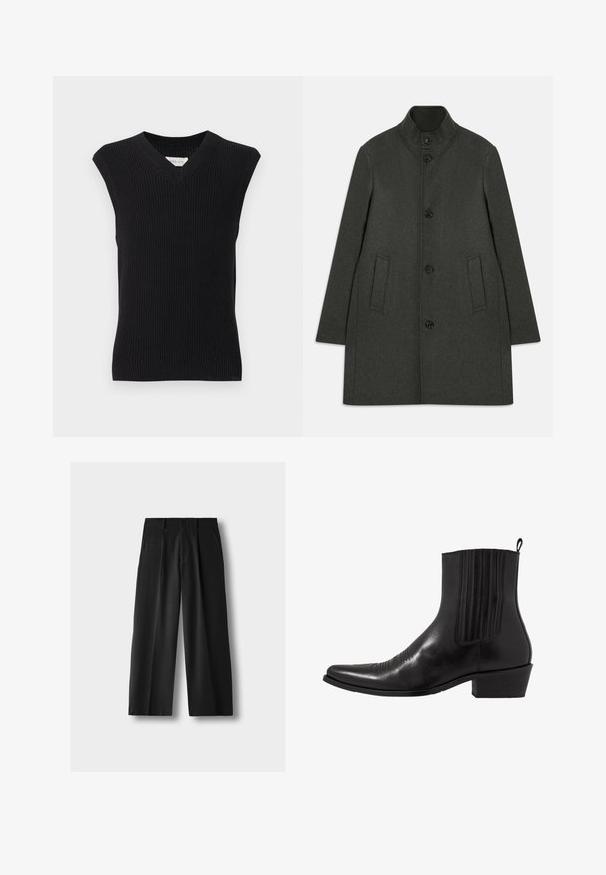 Mørkegrøn uldfrakke med høj krave, fem knapper, to sidelommer og lige silhuet. Blød tekstur og minimalistisk design.; Sort ærmeløs strikket sweatervest med V-hals og ribbet kant vist på ensartet lys baggrund.; Sorte højtaljede bukser med vide ben, forplissering foran, sidelommer, bæltestropper og knaplukning på en lysegrå baggrund.; Sort læder ankelstøvle med spids tå, elastiske sidepaneler, lodrette stikninger og en lav blokhæl.