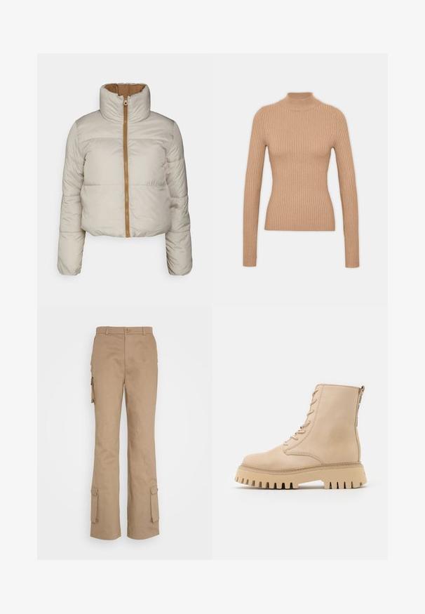 ONLY ONLRICKY REVERSE PUFF JACKET - Zimná bunda - silver; Bežový rebrovaný rolák s dlhými rukávmi, obtiahnutý strih, mäkká textura a vysoký golier.; Nicki Studios STRAIGHT POCKET PANTS - Kapsáče - kahve; Bežové kožené členkové topánky s okrúhlou špičkou, predným šnurovaním a bočným zipsom, ktoré majú hrubú, zubatú podrážku.