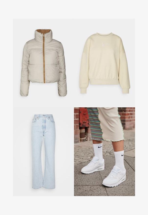 ONLY ONLRICKY REVERSE PUFF JACKET - Talvejope - silver; Beezhi sviiter, millel on ümmargune kaelus, madalad õlavarred ja elastne vöökoht. Rinnal on valge tikandiga tekst. Pehme kangast tekstuur.; Heled sinine kõrge vöökohaga teksapüksid, millel on laiad sääred, valmistatud pleekinud tekstuuriga denimist. Sisaldab viit taskut ja metallist aksessuaare.; Valged Nike Air Max 90 sneaksid, millel on silmade ja nahast pealispind, nähtava õhuüksusega, koos valgete soonikute sokkidega musta logoga.