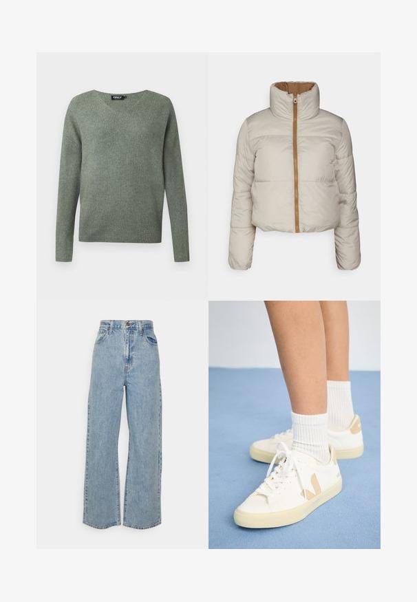 ONLY ONLRICKY REVERSE PUFF JACKET - Veste d'hiver - silver; Pull en maille côtelée à manches longues vert foncé, col en V et coupe décontractée, étiquette de marque à l'intérieur du col.; Jean en denim bleu clair à taille haute, à jambes larges, avec fermeture à bouton et zip à l'avant, et design à cinq poches sur fond uni.; Baskets blanches avec des accents beige, bout rond et lacets blancs. Portées avec des chaussettes blanches côtelées, sur un fond bleu clair.