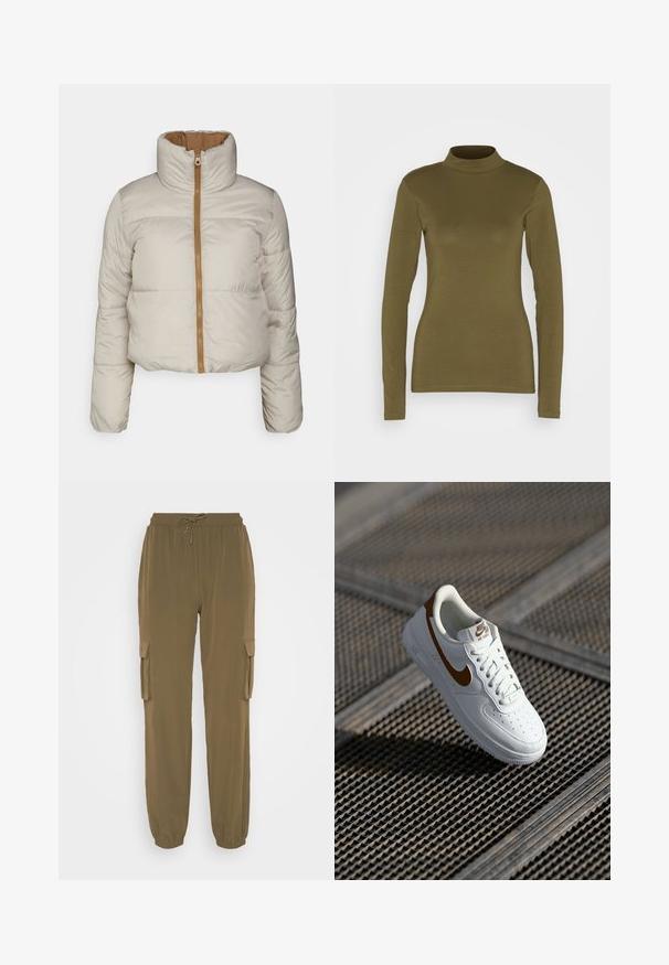 ONLY ONLRICKY REVERSE PUFF JACKET - Winterjacke - silver; JDY Langarmshirt - kalamata; Noisy May NMKIRBY PANTS - Cargohose - kalamata; Weißer Ledersneaker mit Perforationen, braunem Nike-Swoosh und Schnürsenkeln. Verfügt über eine strukturierte Sohle und gepolsterten Kragen.