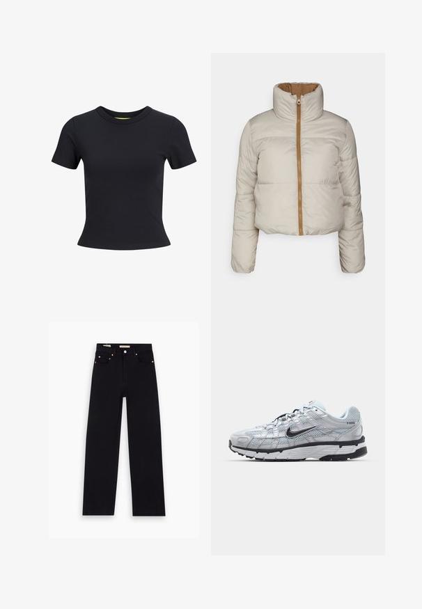 ONLY ONLRICKY REVERSE PUFF JACKET - Winterjas - silver; Zwart, aansluitend T-shirt met korte mouwen, ronde hals en licht taps toelopende taille, weergegeven op een witte achtergrond.; Zwarte denim jeans met een recht model, vijf zakken, koperen hardware en een gladde textuur. Twee labels zichtbaar op de tailleband.; Nike P-6000 sneakers met een lichtgrijze mesh bovenkant, zwarte accenten en een duurzame zwarte rubberen zool. Kenmerkt zich door een ingewikkeld ontwerp en vetersysteem.