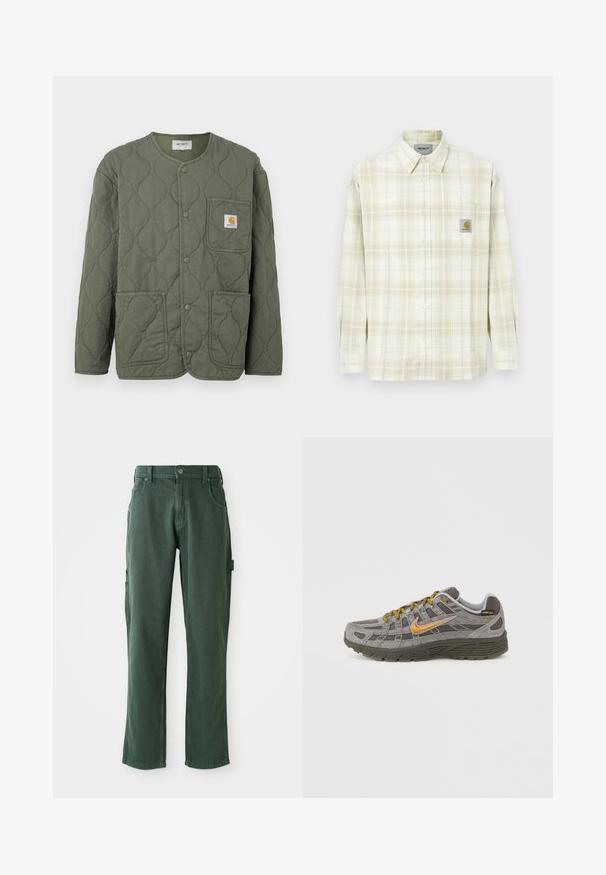Olivengrøn quiltet jakke med trykknapper, rund halsudskæring, tre påsyede lommer og et lille Carhartt-logo på brystlommen.; Lysfarvet ternet skjorte med lange ærmer, knaplukning foran og en brystlomme med et logo-patch. Fremstillet i bomulds materiale med en blød tekstur.; Grønne cargo bukser lavet af bomuldsblanding, med en lige ben skæring, lommer og tonalt syning. Glat tekstur med subtil glans.; Grå ruskindssneaker med gyldne accenter, teksturerede paneler og matchende snørebånd. Har en polstret sål og logodetalje på siden.