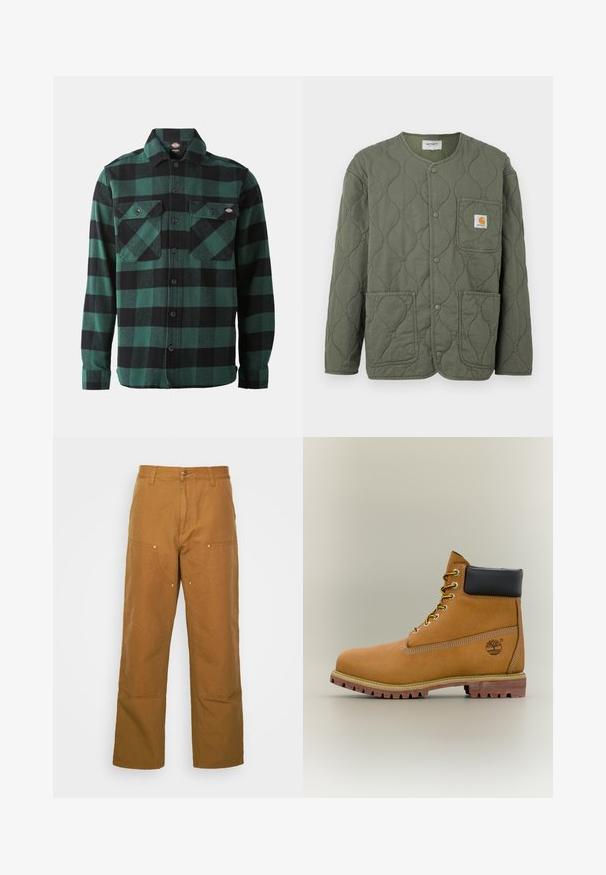 Olivovo zelená prešívaná bunda s patentnými gombíkmi, okrúhlym výstrihom, tromi náprsnými vreckami a malým logom Carhartt na náprsnom vrecku.; Zeleno-čierna károvaná flanelová košeľa s dlhými rukávmi, zapínaním na gombíky vpredu, dvoma náprsními vreckami a klasickým golierom. Mäkká textúra, univerzálny dizajn.; Hnedé bavlnené utility nohavice so strihom rovného nohu, ktoré obsahujú predné vrecká a kovové detaily pre zvýšenú odolnosť.; Hnedá kožená členková členková obuv s čiernym golierom, žltými šnúrkami a béžovou podrážkou. Má logo a biele prešívanie. Hrubá podrážka s dobrým záberom.