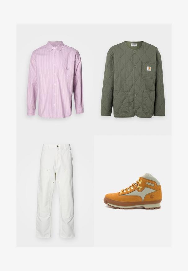 Olivovo zelená prešívaná bunda s patentnými gombíkmi, okrúhlym výstrihom, tromi náprsnými vreckami a malým logom Carhartt na náprsnom vrecku.; Dlhý rukáv košele s gombíkmi v svetloružovej farbe s vertikálnymi bielymi pruhmi, z bavlnenej tkaniny, s golierom, prednou vreckom a detailom loga na vrecku.; Biele bavlnené cargo nohavice s voľným strihom. Medzi vlastnosti patrí predné vrecká, zlaté detaily a zosilnené kolenné časti.; Hnedé semišové turistické topánky s svetlošedými textilnými panelmi, zlatými očkami, gumovou podrážkou a embosovaným logom Timberland na päte.