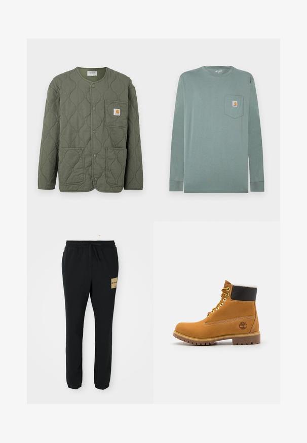 Olivovo zelená prešívaná bunda s patentnými gombíkmi, okrúhlym výstrihom, tromi náprsnými vreckami a malým logom Carhartt na náprsnom vrecku.; Tričko s dlhým rukávom z ľahkej zelenej bavlny s okrúhlym výstrihom, ktoré má ľavé vnútorné vrecko na hrudi a nášivku s logom v oranžovej a bielej farbe.; Čierne tapered teplákové nohavice s elastickým pásom, sťahovacou šnúrkou, zúženými členkami a béžovým logo nášivkou Columbia na pravej stehne.; Hnedé kožené ankle boot s kovovými očkami, bielym kožúškom vo vnútri, čiernym vypolstrovaným golierom, robustnou podrážkou a vyrazeným logom na boku.