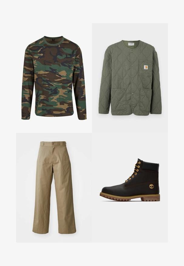 Olivengrøn quiltet jakke med trykknapper, rund halsudskæring, tre påsyede lommer og et lille Carhartt-logo på brystlommen.; Langærmet camouflageskjorte i jordfarver; har grønne, brune og sorte mønstre; rund hals; blødt stof; afslappet pasform.; Khaki bredde ben bukser lavet af bomuldsblandingsstof, med en enkelt knaplukning og synlige sidelommer. Glat tekstur, plisseret detalje.; Sorte læder ankelstøvle med gyldne øjer, brune detaljer og gummisål. Har en polstret krave og præget logo på siden.
