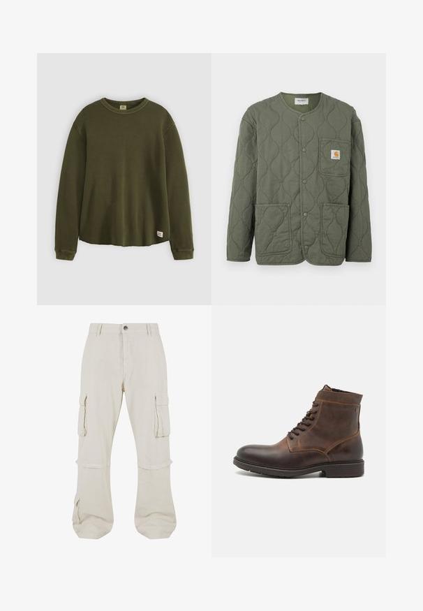Oliivinvihreä tikkitakki, jossa painonapit, pyöreä pääntie, kolme päälitaskua ja pieni Carhartt-logo rintataskussa.; Vihreä oliivinvärinen pitkähihainen neuletakki, jossa on teksturoitu, ribbausrakenne, pyöreä kaula-aukko, rento malli ja pieni merkkilappu alahelassa.; Beige reisihousut, joissa on kaksi sivutaskua, nappilukko, leveä lahjettelu ja käärityt lahkeet säädettävää pituutta varten. Puuvillakangasta.; Jack & Jones JFWDELANEY BOOT - Nauhalliset nilkkurit - cognac