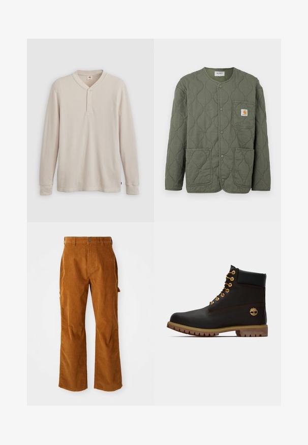 Olivengrøn quiltet jakke med trykknapper, rund halsudskæring, tre påsyede lommer og et lille Carhartt-logo på brystlommen.; Langærmet henley-skjorte i lys beige ribbet stof, med V-hals, tre-knap placket og manchetter ved ærmerne. Rød logo-tags ved kanten.; Brune kordfløjlsbukser med en udvidet benstruktur, med sidelommer og en frontknaplukning. Teksturen er blød og ribbet.; Sorte læder ankelstøvle med gyldne øjer, brune detaljer og gummisål. Har en polstret krave og præget logo på siden.