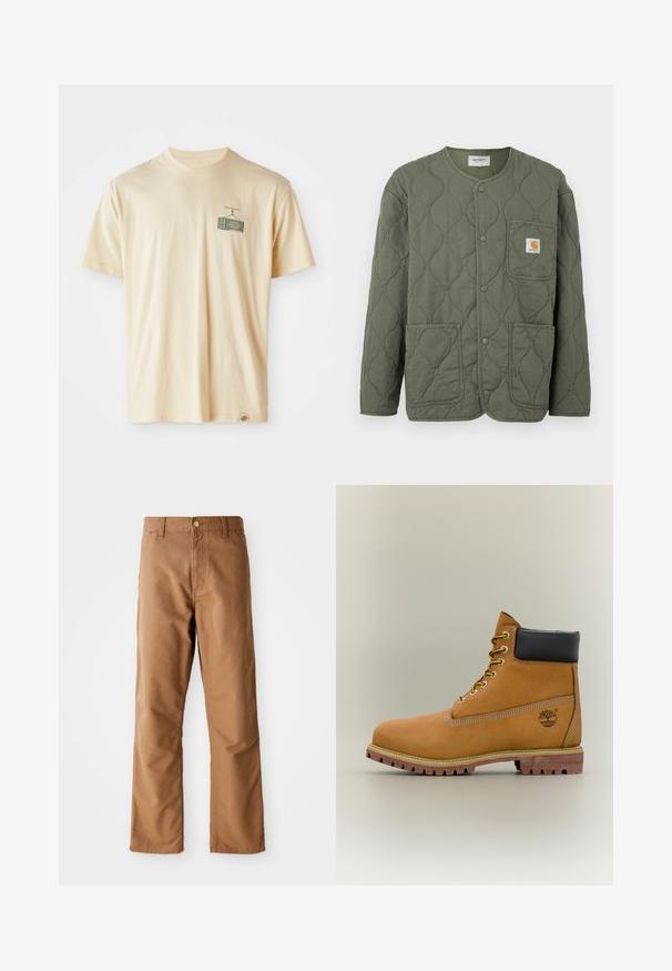 Olivovo zelená prešívaná bunda s patentnými gombíkmi, okrúhlym výstrihom, tromi náprsnými vreckami a malým logom Carhartt na náprsnom vrecku.; Krémové bavlnené tričko s okružným výstrihom, krátkymi rukávmi a grafickou potlačou na ľavej hrudi zobrazujúcou vintage televíziu.; Hnedé nohavice s rovnými nohavicami, s pútkami na opasok, prednými vreckami, zapínaním na gombík a zipsom na bielom pozadí.; Hnedá kožená členková členková obuv s čiernym golierom, žltými šnúrkami a béžovou podrážkou. Má logo a biele prešívanie. Hrubá podrážka s dobrým záberom.