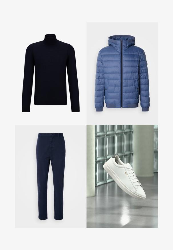 Chaqueta de plumas azul con capucha, cuenta con cierre de cremallera, puños y dobladillo acanalados, y textura acolchada. Incluye bolsillos laterales con botones a presión.; Suéter de cuello alto de un oscuro color navy, hecho de un tejido de punto fino, con mangas largas y un escote alto ajustado. Sin patrones ni acentos visibles.; Chinos azul marino de tela ligera, con un diseño de pierna recta, cierre de botón y bolsillos laterales. Textura suave y sin estampados.; Zapatilla deportiva de piel blanca de corte bajo con cordones, lengüeta negra en el talón y logo "BOSS", flotando en interiores cerca de una pared de bloques de vidrio y suelo pulido.