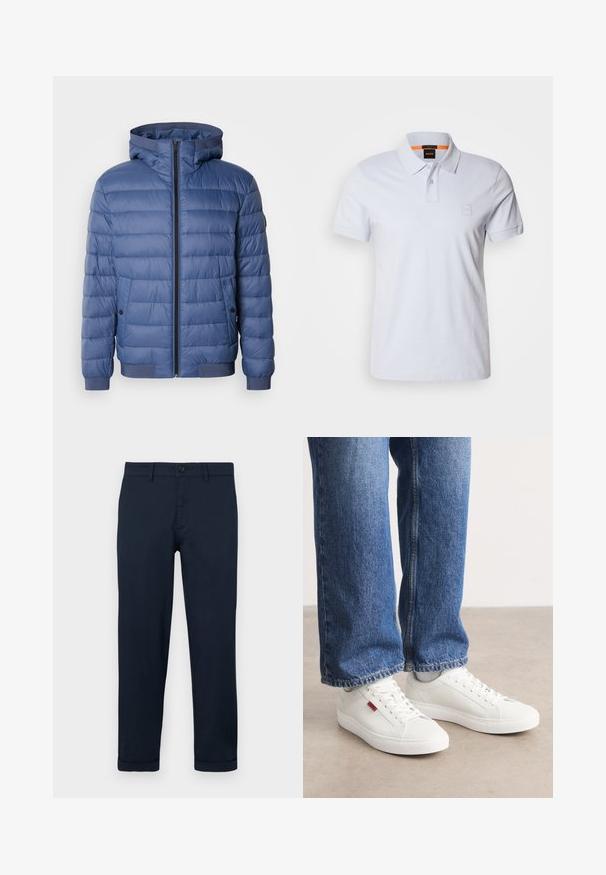 Blaue Pufferjacke mit Kapuze, mit Reißverschluss, gerippten Bündchen und Saum sowie gestepptem Material. Einschließlich seitlicher Taschen mit Druckknöpfen.; Weißes Poloshirt mit Kragen, kurzen Ärmeln und dezentem Logo-Patch. Aus Baumwolle gefertigt, mit glatter Textur und klassischem Design.; Marineblaue Baumwollhosen mit geradem Bein, Knopfverschluss, Fronttaschen und aufgeschlagenen Säumen für einen sauberen Abschluss.; Weiße Sneakers mit glatter Oberfläche, runder Spitze und flacher Sohle. Ergänzt durch blaue Jeans im geraden Schnitt mit sichtbaren Nähten.