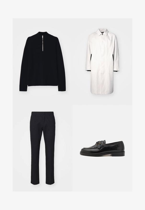 Lys grå, knælængde frakke med krave, knaplukning og sorte detaljer på siderne. Lavet af glat, letvægtsstof.; Sort langærmet top lavet af et blødt materiale, med en høj mock-neck og en halv lynlås foran, med en afslappet pasform.; Marinebukser i skræddersyet snit, lavet af glat stof. Har flad front, bæltestropper og lige ben med en ren kant.; Sorte læder loafers med rund tå og en dekorativ spændeaccent. Flad, solid hæl og glat tekstur hele vejen igennem.