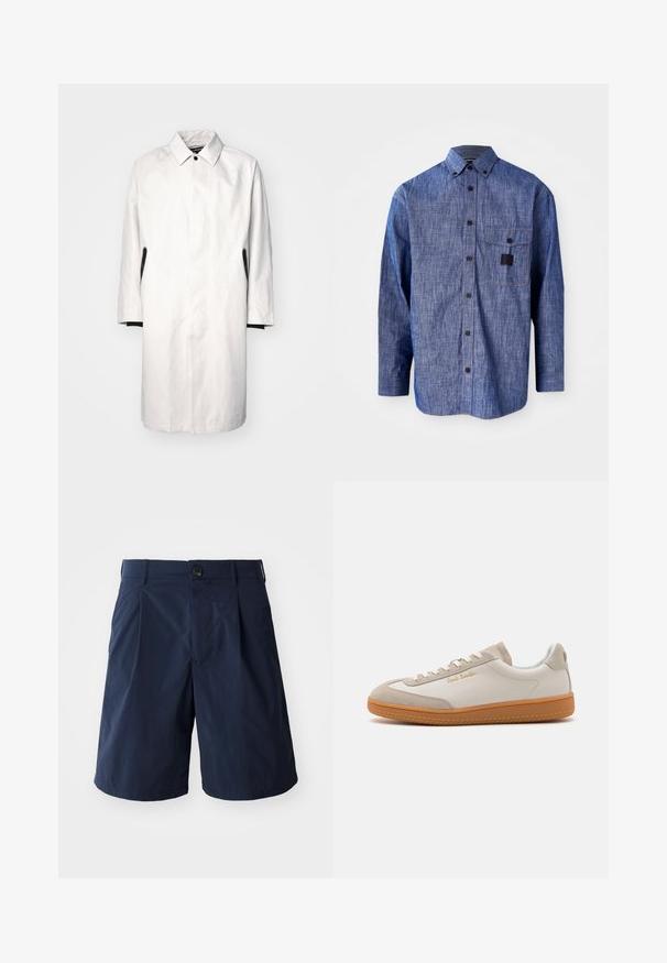 Lys grå, knælængde frakke med krave, knaplukning og sorte detaljer på siderne. Lavet af glat, letvægtsstof.; Blå denim skjorte med lange ærmer, knapkrave, brystlomme og subtil tekstur. Indeholder mørke knapper og kontraststik.; Mørkeblå shorts lavet af letvægtsstof, med knappelukning, sidelommer og et enkelt design med plissee foran.; Hvide og beige lavtoppede sneakers med gummisål, hvide snørebånd, detaljer i ruskind og guld "Paul Smith" logo på siden.