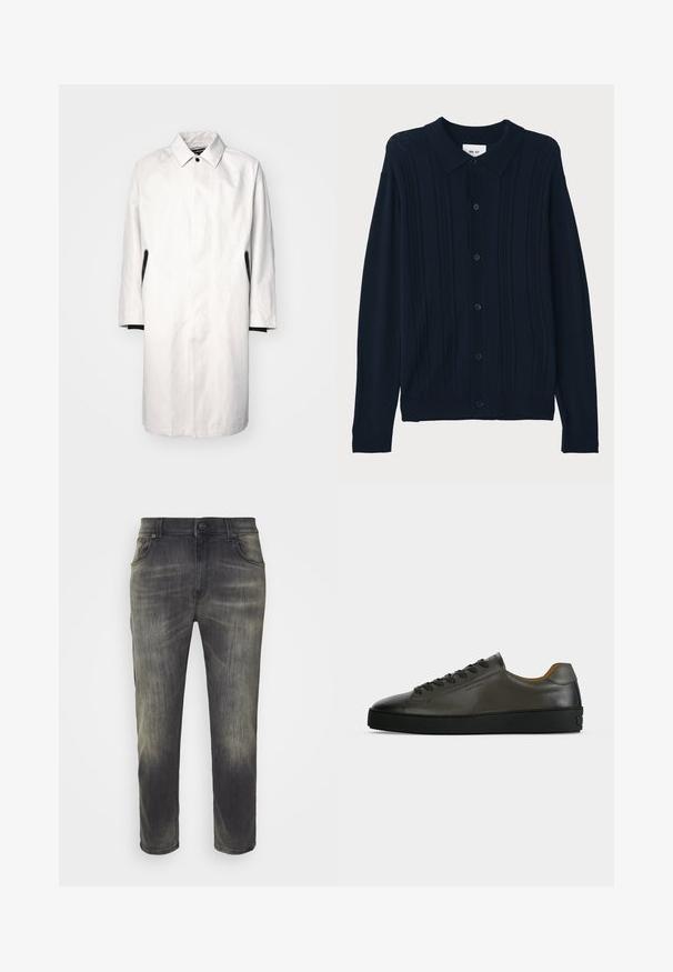 Lys grå, knælængde frakke med krave, knaplukning og sorte detaljer på siderne. Lavet af glat, letvægtsstof.; NN.07 THOR - Skjorter - dark blue; Mørkegrå jeans med en falmet finish, lige ben-design, fem lommer og forhånds-knaplukning. Stoffet er i bomuldsdenim og har en blød tekstur.; Lavtskåret mørkegrå læder sneaker med sorte snørebånd og sål, minimalistisk design, sideprofil på en ensfarvet lys baggrund.