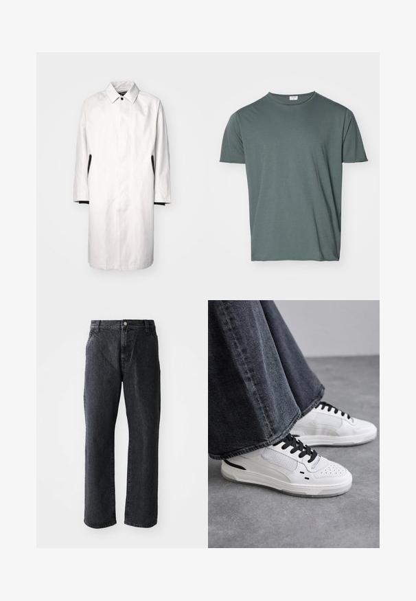 Lys grå, knælængde frakke med krave, knaplukning og sorte detaljer på siderne. Lavet af glat, letvægtsstof.; Mørkegrøn crew-neck t-shirt, kortærmet, blødt stof, afslappet pasform, glat tekstur, ingen synlige mønstre eller accenter.; Sorte denim jeans med lige snit, med knaplukning, fem lommer og subtil tekstur. Klassisk design uden fremtrædende mønstre.; Hvide sneakers med sorte snørebånd og mesh-detaljer. Har en glat læderoverdel og en tekstureret gummisål. Bæres sammen med brede grå jeans.