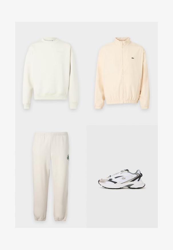 Veste beige à fermeture éclair avec poignets et ourlet élastiques, col montant, et petit logo crocodile vert sur le côté gauche de la poitrine.; Sweatshirt beige clair, col rond, poignets et ourlet côtelés, en matière de coton doux, avec un logo embouti sur le devant.; Pantalon de jogging beige clair en coton, doté d'une taille élastique, de poignets en côtes et d'un logo vert avec un design de feuille sur la jambe gauche.; Chaussure de sport blanche avec des accents argent et noir, tige en mesh, semelle texturée et un design épuré avec un logo sur le côté.
