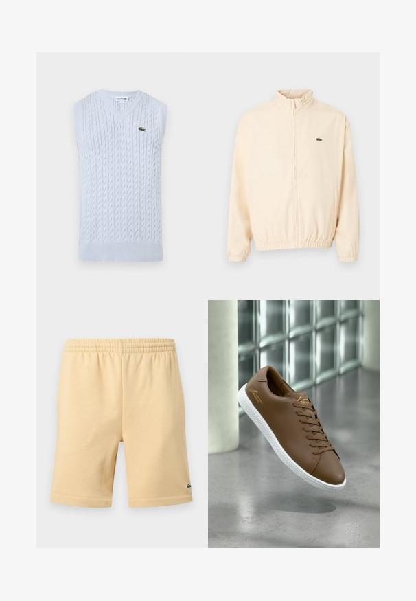 Veste beige à fermeture éclair avec poignets et ourlet élastiques, col montant, et petit logo crocodile vert sur le côté gauche de la poitrine.; Gilet sans manches en tricot de câble bleu clair avec col en V et petit logo crocodile vert brodé de Lacoste sur la poitrine gauche.; Shorts décontractés beige avec taille élastique et petit logo vert brodé en bas de la jambe droite.; Baskets en cuir marron avec semelle blanche texturée et lacets marron, flottant au-dessus d'un sol en béton lisse près d'un mur en verre brique.