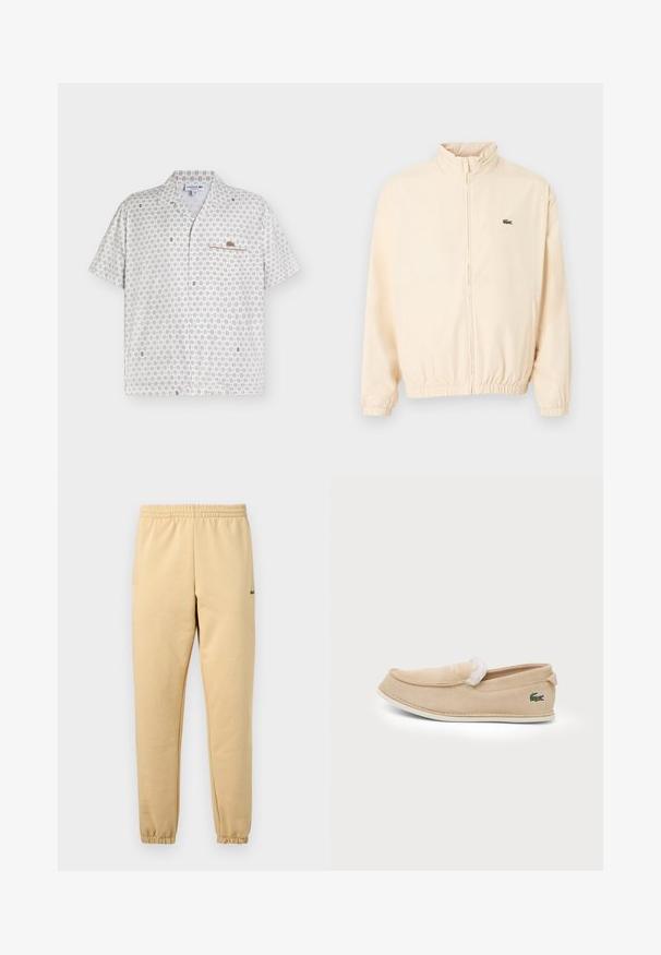 Veste beige à fermeture éclair avec poignets et ourlet élastiques, col montant, et petit logo crocodile vert sur le côté gauche de la poitrine.; Chemise blanche à manches courtes avec un petit motif beige, une poche poitrine et un logo crocodile Lacoste marron sur la poche.; Pantalon de jogging beige avec taille élastique et poignets, arborant un petit logo crocodile vert brodé sur la cuisse droite.; Chausson beige en daim à enfiler avec bordure en fausse fourrure blanche et logo crocodile vert sur le côté, présenté sur un fond clair.