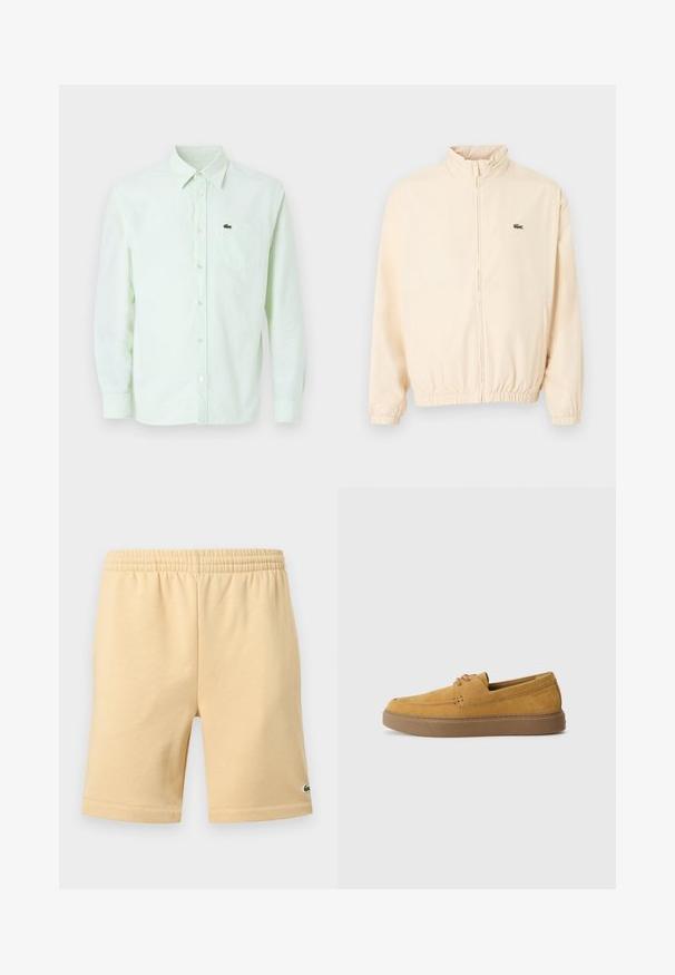 Veste beige à fermeture éclair avec poignets et ourlet élastiques, col montant, et petit logo crocodile vert sur le côté gauche de la poitrine.; Chemise à manches longues à rayures vert clair et blanches, avec col et poche poitrine ornée d'un petit logo crocodile.; Shorts décontractés beige avec taille élastique et petit logo vert brodé en bas de la jambe droite.; Chaussures slip-on en suède marron avec une finition texturée, un bout rond et une semelle en caoutchouc contrastante. Présente une marque discrète près du talon.