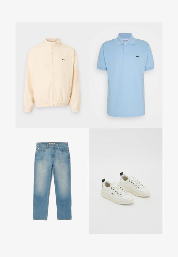 Beige Reißverschlussjacke mit elastischen Bündchen und Saum, hohem Kragen und kleinem grünem Krokodil-Logo auf der linken Brust.; Hellblaues Poloshirt aus Baumwolle, mit umgeschlagenem Kragen, drei Knöpfen und einem grünen gestickten Lacoste-Logo auf der linken Brust.; Helle blaue Denim-Jeans mit geradem Bein, fünf Taschen und einer leicht abgeriebenen Waschung. Merkmale sind silberne Hardware und ein Markenetikett am Bund.; Weiße Ledersneaker mit grünen Akzenten, Schnürdesign, goldenen Ösen und strukturierten Paneelen. Dicke cremefarbene Gummisohle.