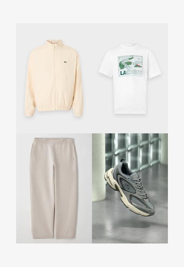 Veste beige à fermeture éclair avec poignets et ourlet élastiques, col montant, et petit logo crocodile vert sur le côté gauche de la poitrine.; T-shirt blanc à manches courtes avec un crocodile brodé en vert et rose et le texte "LACOSTE" sur un fond à motif quadrillé à l'avant.; Pantalons de jogging beiges en tissu doux, avec une large taille élastique, des poches latérales et des jambes fuselées pour un ajustement décontracté.; Baskets grises et blanches avec des panneaux en mesh et en cuir, flottant au-dessus d'un sol en béton poli près d'un mur en blocs de verre.