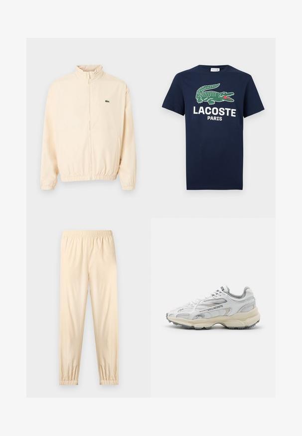 Veste beige à fermeture éclair avec poignets et ourlet élastiques, col montant, et petit logo crocodile vert sur le côté gauche de la poitrine.; T-shirt bleu marine avec un logo crocodile vert et le texte blanc "LACOSTE PARIS" sur le devant, manches courtes, col rond.; Pantalon beige clair à taille élastique avec poignets froncés, coupe droite et tissu lisse, présenté sur un fond clair uni.; Baskets de sport blanches avec des accents gris, tige en maille et synthétique, design à lacets et semelle en caoutchouc texturée avec motifs de traction.