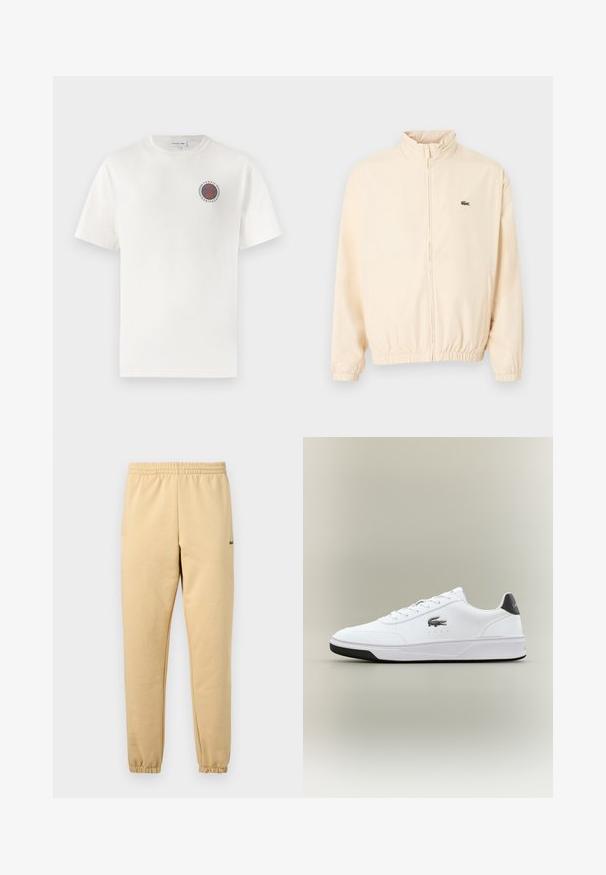 Beige jas met rits, elastische manchetten en zoom, hoge kraag en klein groen krokodillenlogo op de linkerborst.; Witte katoenen t-shirt met korte mouwen, voorzien van een ronde blauwe en oranje "Tennis Heritage" logo op de linkerborst.; Beige joggerbroek met elastische tailleband en boorden, met een klein groen krokodillenlogo geborduurd op de rechterdij.; Witte synthetische sneakers met een gladde textuur, een ronde neus, zwarte accenten op de hak en een Lacoste-logo aan de zijkant.