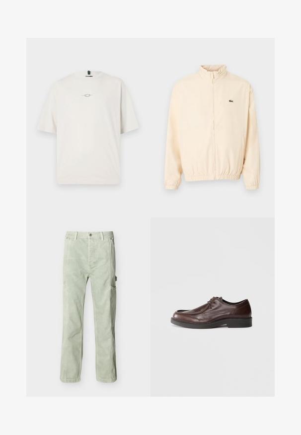 Veste beige à fermeture éclair avec poignets et ourlet élastiques, col montant, et petit logo crocodile vert sur le côté gauche de la poitrine.; Oakley STACKED TEE - T-shirt imprimé - mist; Pantalon cargo vert clair au tissu doux, avec poches latérales et coupe décontractée. Fermeture par boutons et passants pour ceinture à la taille.; Chaussure habillée en cuir marron avec un bout arrondi, des accents de couture minimum, et une semelle noire robuste. Présente un système de laçage et une texture lisse.