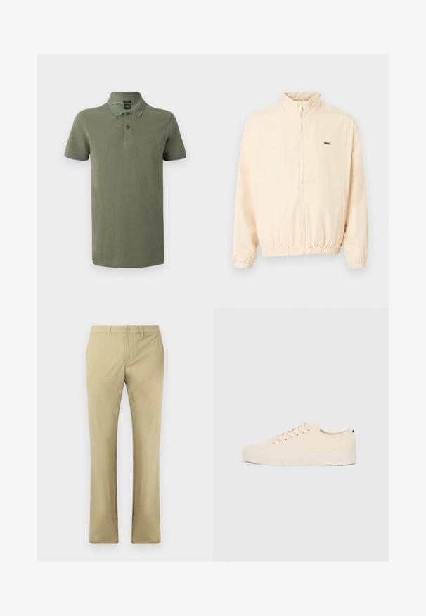 Veste beige à fermeture éclair avec poignets et ourlet élastiques, col montant, et petit logo crocodile vert sur le côté gauche de la poitrine.; Polo vert olive en coton, avec un col, une patte de boutonnage à deux boutons, et des accents vert foncé contrastants sur le col et les manches.; Pantalons beiges avec une coupe à l'avant plate, fermeture à bouton et jambe droite. Fabriqués en tissu lisse avec des coutures minimales visibles.; Baskets en toile beige avec bout arrondi, semelle en caoutchouc plate et lacets à l'avant. Présente un design minimaliste et un accent noir contrastant au niveau du talon.
