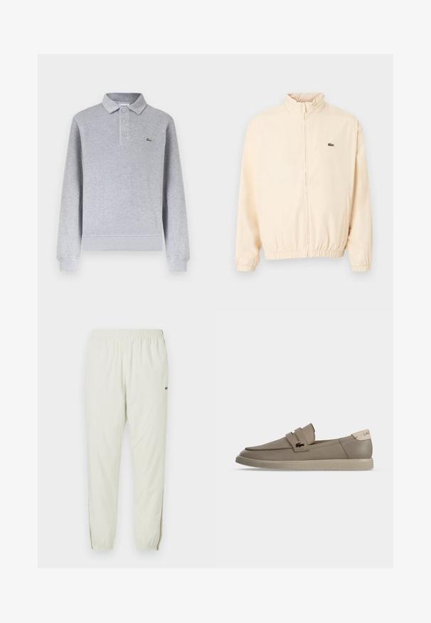 Veste beige à fermeture éclair avec poignets et ourlet élastiques, col montant, et petit logo crocodile vert sur le côté gauche de la poitrine.; Polo à manches longues gris clair avec poignets côtelés, trois boutons au col et un petit logo crocodile vert sur la poitrine gauche.; Jogging léger crème avec une taille élastique, des chevilles resserrées, des fentes latérales et un petit logo vert sur la cuisse supérieure.; Mocassin beige en cuir sans lacets avec semelle texturée, deux brides sur le dessus et petit logo crocodile sur le côté.