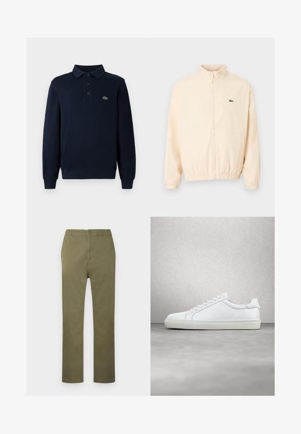 Beige Reißverschlussjacke mit elastischen Bündchen und Saum, hohem Kragen und kleinem grünem Krokodil-Logo auf der linken Brust.; Navyblaues Langarm-Polohemd mit Knopfleiste und kleinem grünen Krokodil-Logo auf der Brust.; Olivgrüne, leichte Baumwollhose mit elastischem Bund, Knopfverschluss und geradem Bein. Keine sichtbaren Muster oder Akzente.; Weißer Sneaker mit glattem Lederobermaterial und niedrigem Profil. Verfügt über eine runde Zehenpartie, sechs Ösen und eine strukturierte Gummisohle.