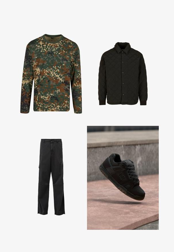 Sort quiltet jakke med krave, trykknaplukning og ribbede manchetter. Har diamantmønster over stoffet.; Langærmet camouflage t-shirt i grøn, brun og beige med rund halsudskæring. Har et blandet mønster af uregelmæssige pletter og teksturer.; Sorte cargo bukser med lige skæring, knaplukning og sidelommer. Glat stof med mat finish og uden synlige mønstre.; Sort skatesko med snørebånd i luften over en pink betonoverflade og grå stentrapper i baggrunden.