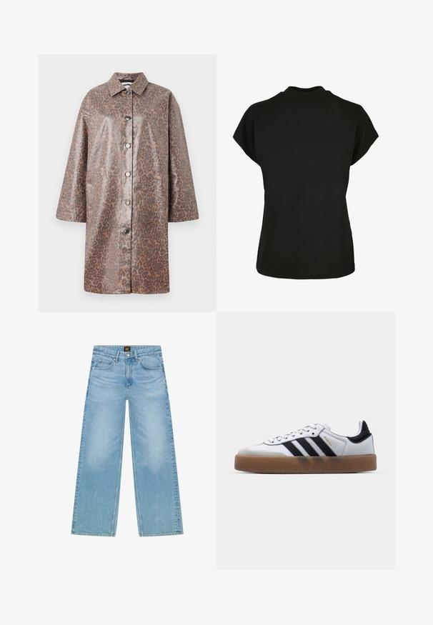 De panterprint jas heeft een glanzende, synthetische stof, een knoopsluiting aan de voorkant, een kraag en twee voorzakken met ronde randen.; Zwarte katoenen T-shirt met hoge halslijn, korte mouwen en een losse pasvorm. Glad textuur en zijsplitten aan de onderrand voor meer bewegingsvrijheid.; Lichtblauwe, wijde spijkerbroek van denim. Beschikt over een klassieke vijf-pocket stijl en een subtiele vervaagde textuur. Knoop- en ritsluiting.; Witte leren sneakers met zwarte strepen, gumrubberen buitenzool, ronde neus, vetersluiting en een zachte grijze suède neuskap.